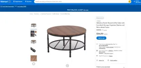 101121024 Rustic Round Coffee Table with Iron Mesh Storage Organizer Shelves and Retro Metal Frame