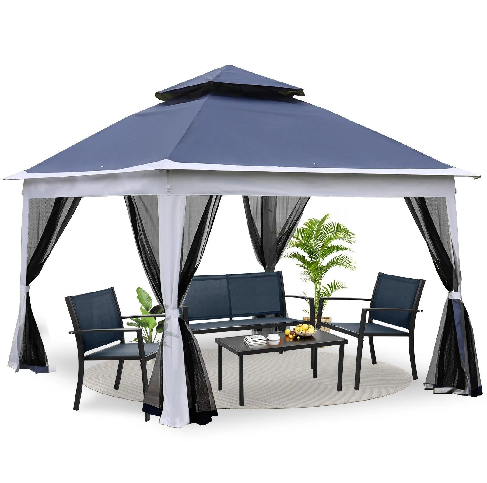 11x 11Ft Pop Up Gazebo Canopy With Removable Zipper Netting,2-Tier Soft Top Event Tent,blue