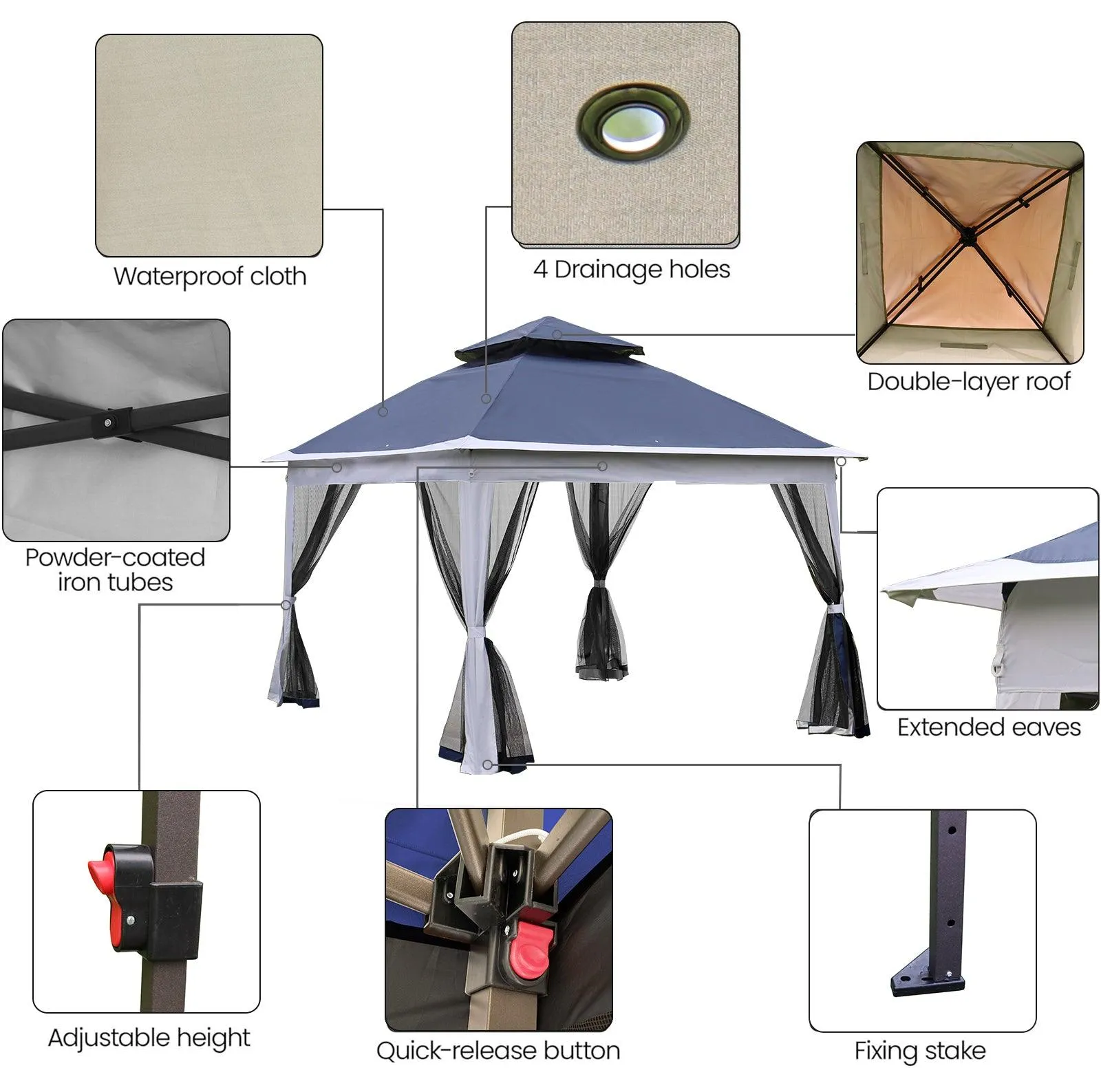 11x 11Ft Pop Up Gazebo Canopy With Removable Zipper Netting,2-Tier Soft Top Event Tent,blue