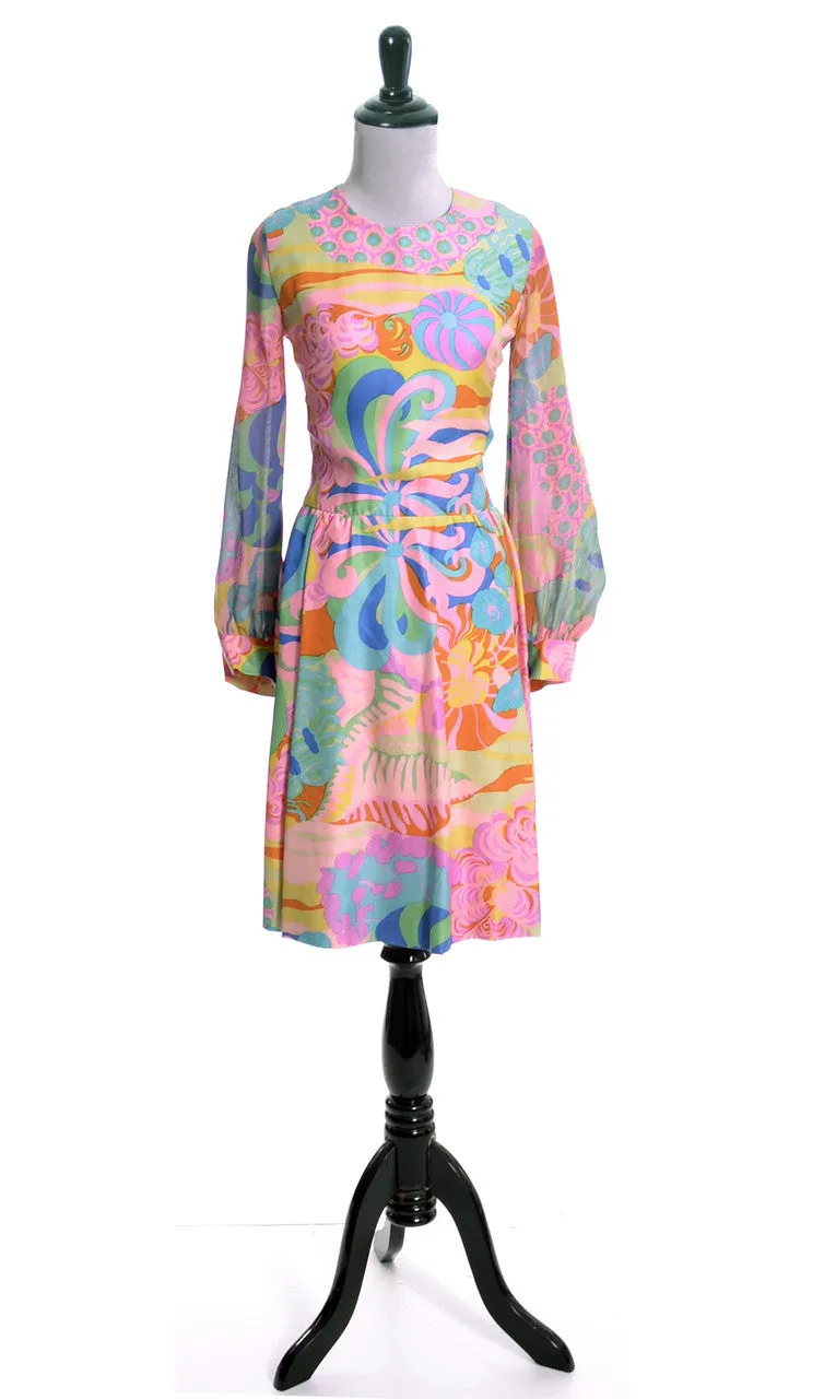 1960s As New Mod Tina Leser Silk Vintage Dress with Matching Chiffon Scarf