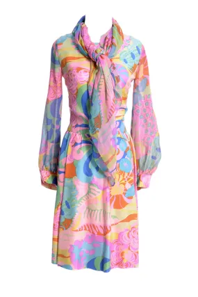 1960s As New Mod Tina Leser Silk Vintage Dress with Matching Chiffon Scarf