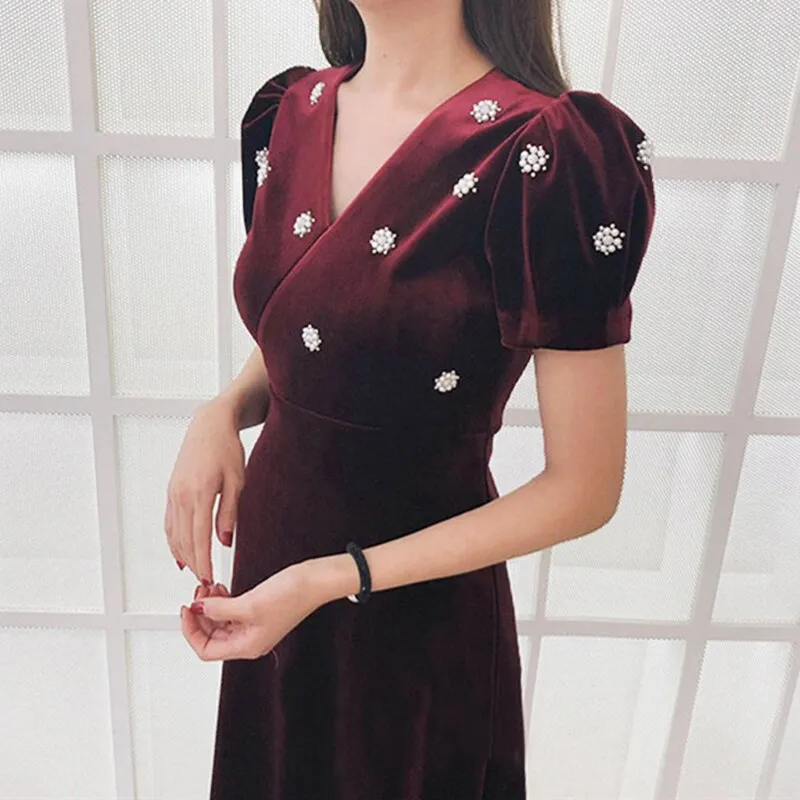 2020 New Spring Pearl flower Vintage Women Dresses V-Neck Fashion Long Elegance Red Velvet Empire Puff Sleeve Slim Clothing