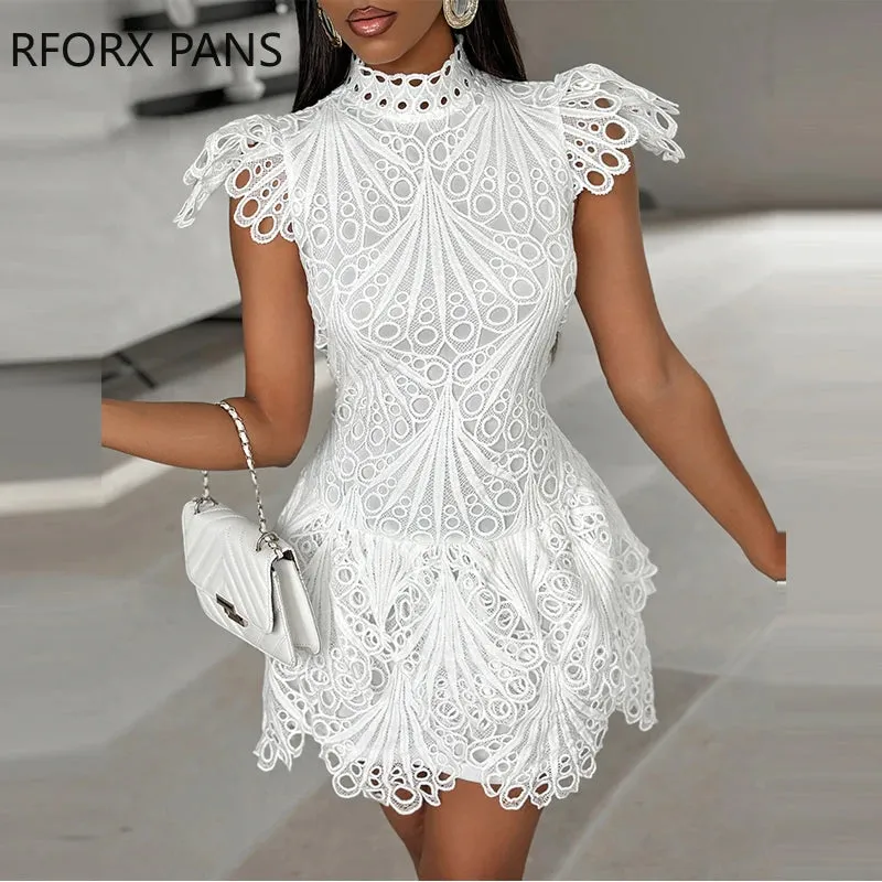 2024 Women’s Solid White Mini Dress, Small Flying Sleeves Hook Flower Hollow Design, Stand Collar Formal Party Dress