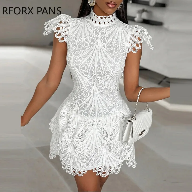 2024 Women’s Solid White Mini Dress, Small Flying Sleeves Hook Flower Hollow Design, Stand Collar Formal Party Dress