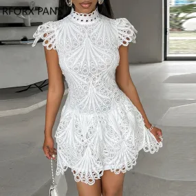 2024 Women’s Solid White Mini Dress, Small Flying Sleeves Hook Flower Hollow Design, Stand Collar Formal Party Dress