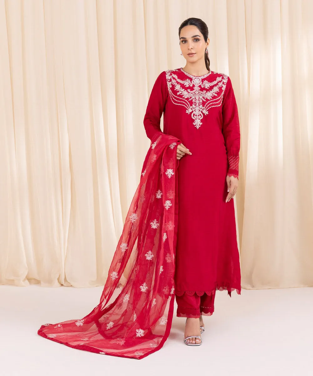 3 Piece - Embroidered Raw Silk Suit