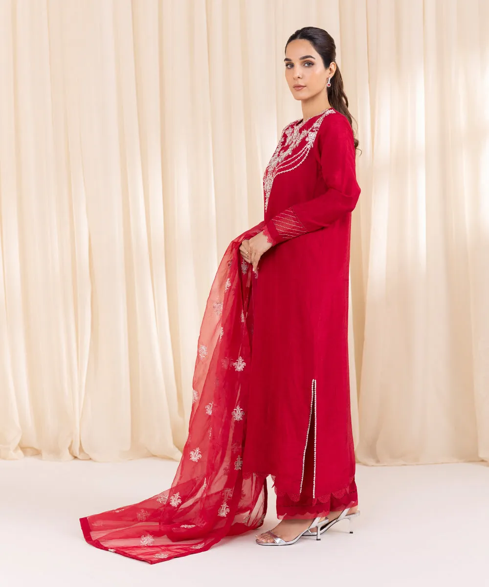 3 Piece - Embroidered Raw Silk Suit