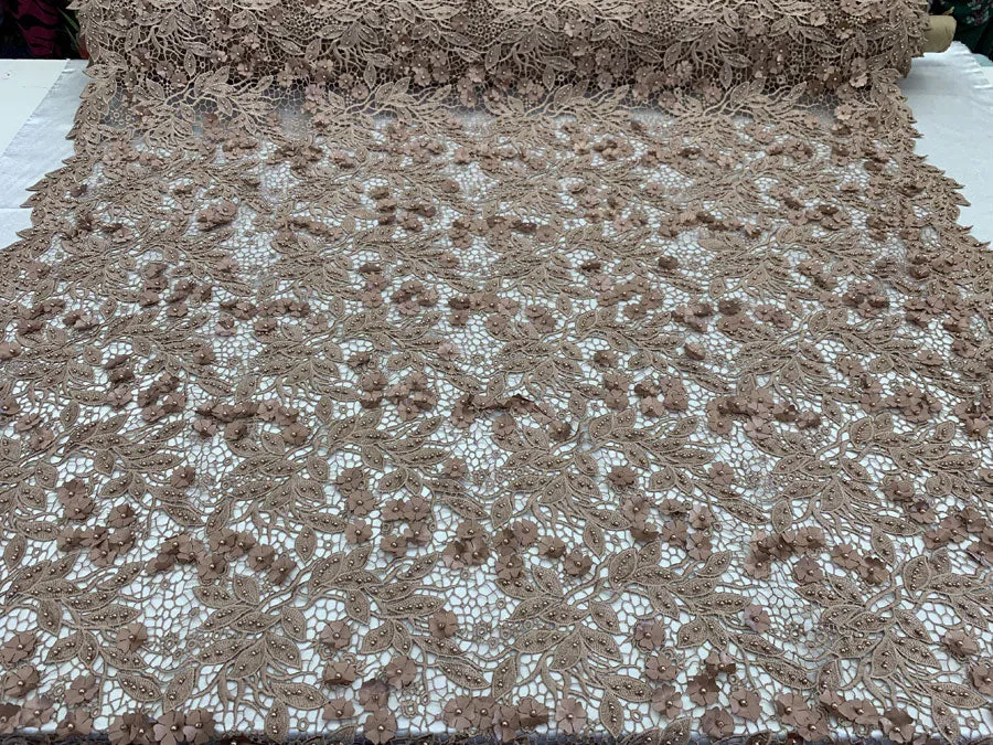 3D Flowers Bridal Heavy Double Beaded Floral Mesh Lace Fabric By The Yard