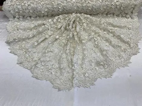 3D Flowers Bridal Heavy Double Beaded Floral Mesh Lace Fabric By The Yard