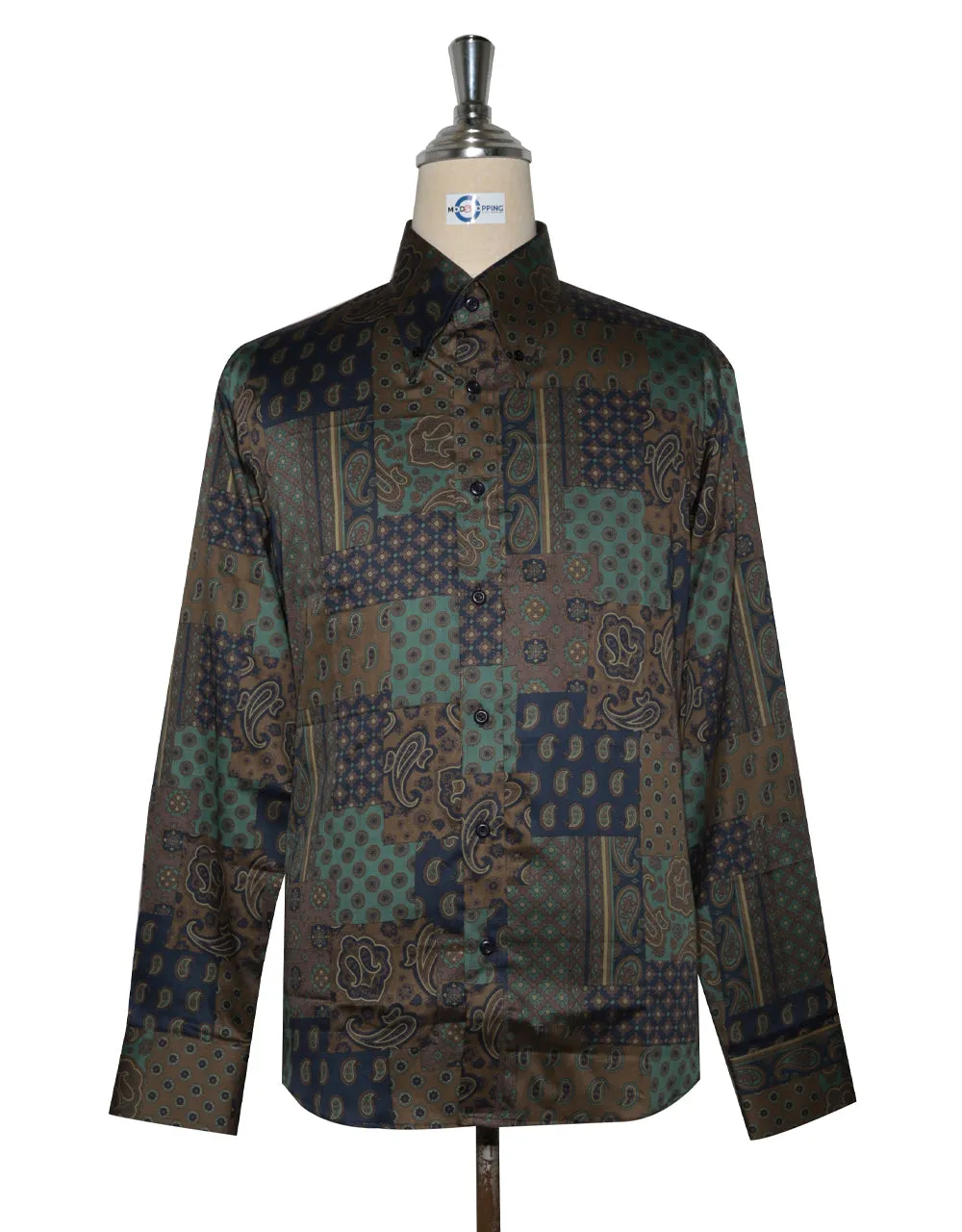 60s Style Brown, Olive Green and Navy Blue  Paisley  Shirt