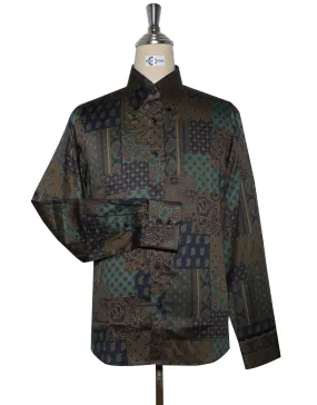 60s Style Brown, Olive Green and Navy Blue  Paisley  Shirt