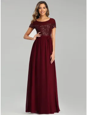 A-Line Bridesmaid Dress Jewel Neck Short Sleeve Elegant Floor Length Chiffon with Sash / Ribbon / Sequin  / Sparkle & Shine