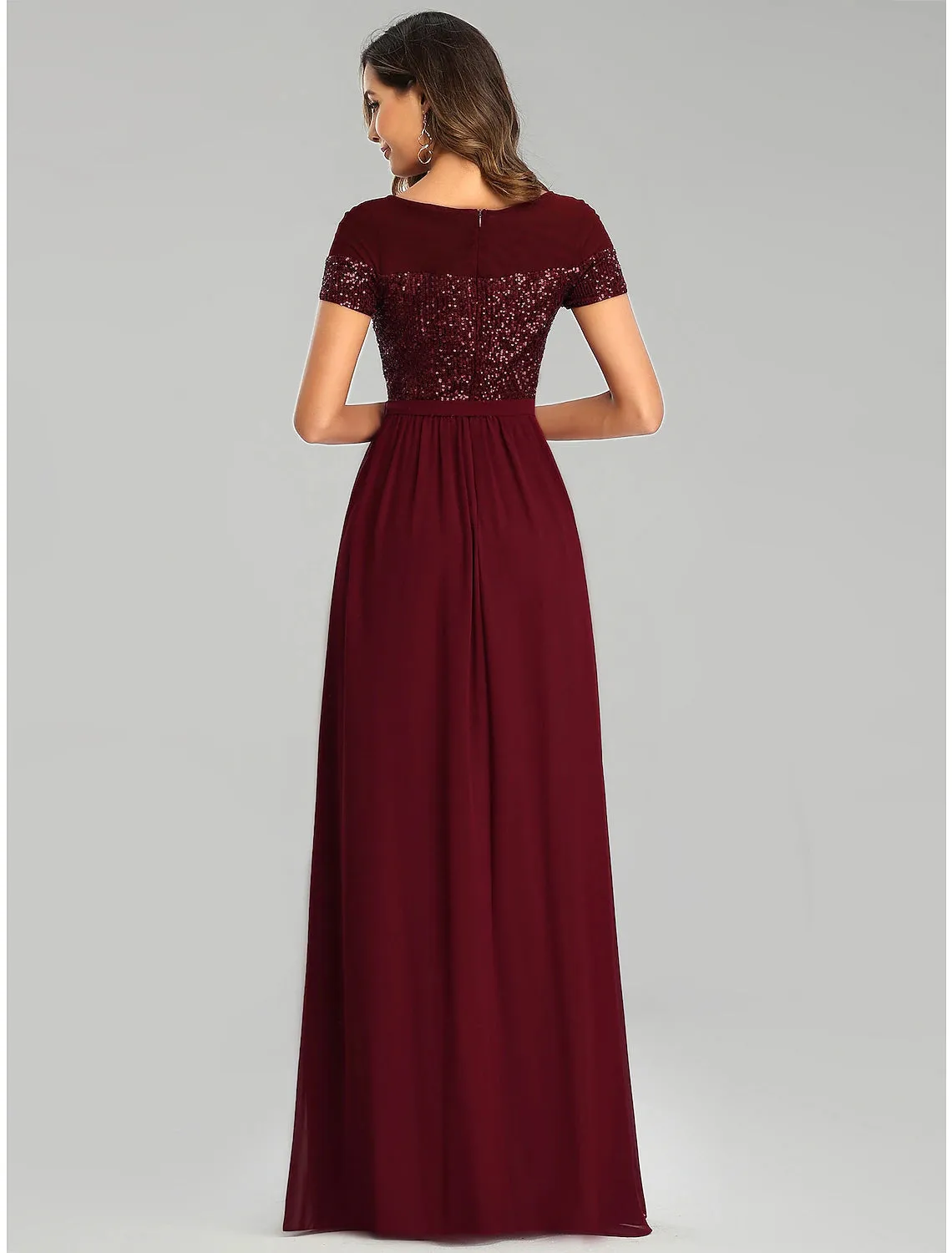 A-Line Bridesmaid Dress Jewel Neck Short Sleeve Elegant Floor Length Chiffon with Sash / Ribbon / Sequin  / Sparkle & Shine