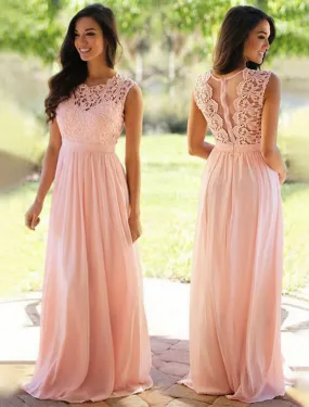 A-Line Bridesmaid Dress Jewel Neck Sleeveless Elegant Floor Length Chiffon / Lace with Sash / Ribbon / Pleats