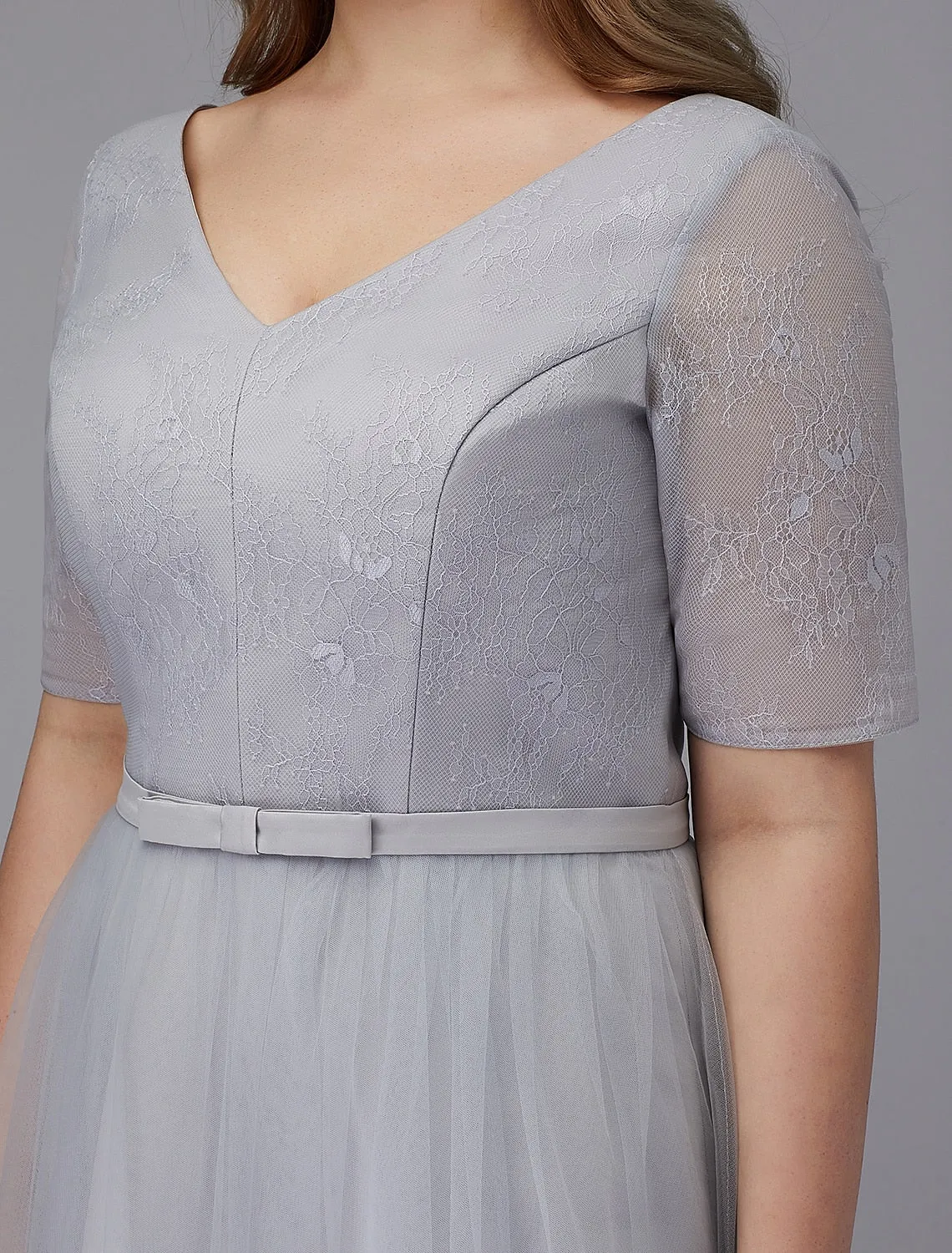 A-Line Elegant Dress Wedding Guest Cocktail Party Tea Length Short Sleeve V Neck Lace Lace-up with Sash / Ribbon