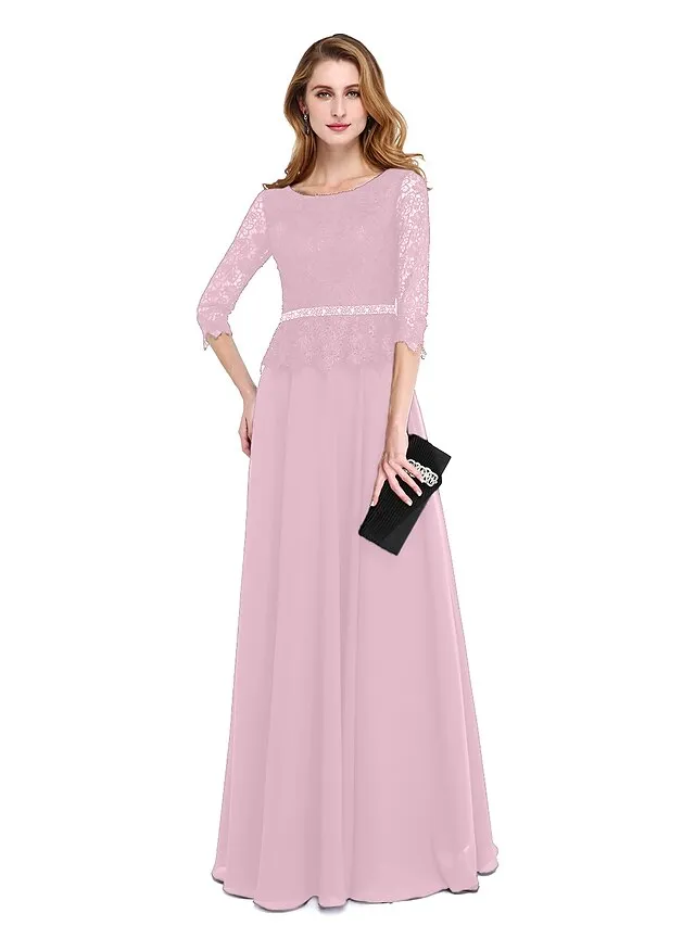 A-Line Mother of the Bride Dress Elegant Jewel Neck Floor Length Chiffon Lace Bodice 3/4 Length Sleeve with Sash / Ribbon Beading