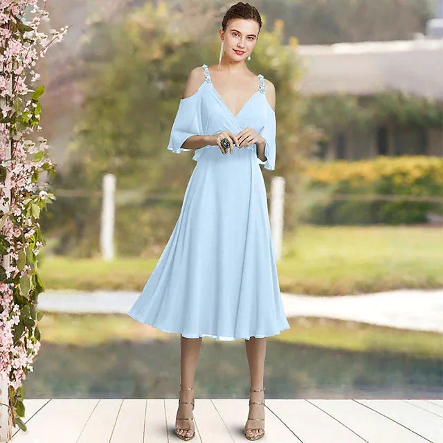 A-Line Mother of the Bride Dress Elegant Sweet V Neck Tea Length Chiffon Sleeveless with Sash / Ribbon Beading