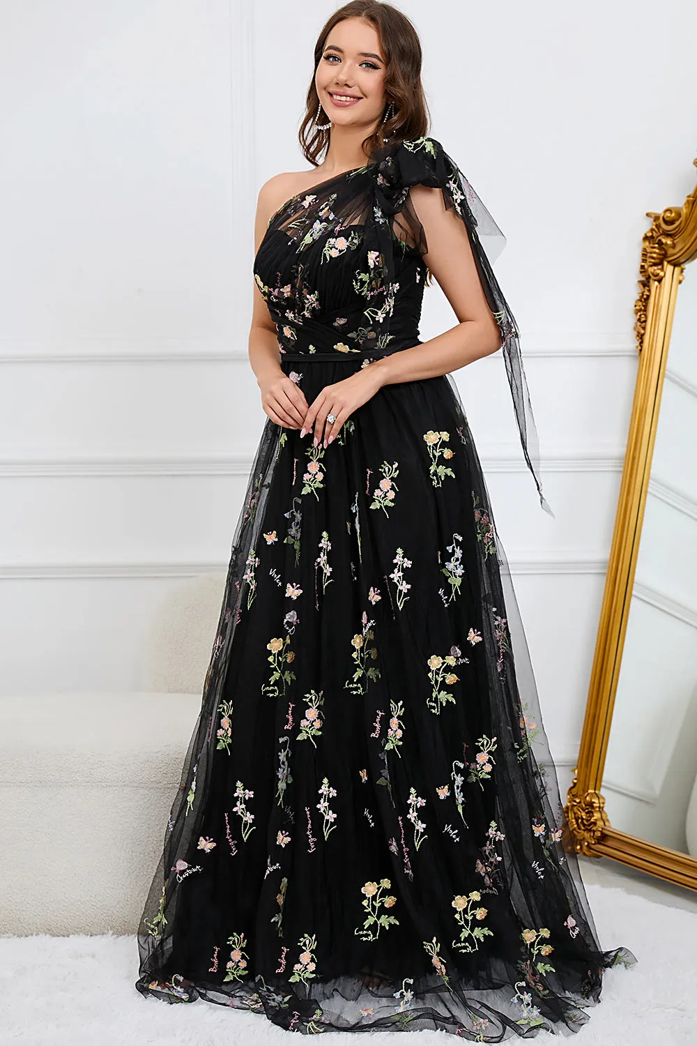 A-Line One Shoulder Black Floor Length Prom Dress With Embroidery