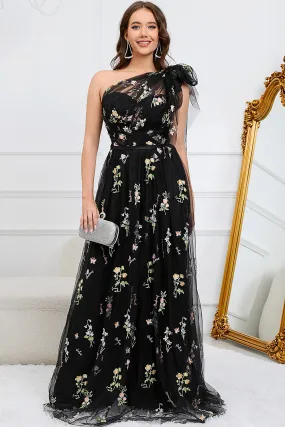 A-Line One Shoulder Black Floor Length Prom Dress With Embroidery