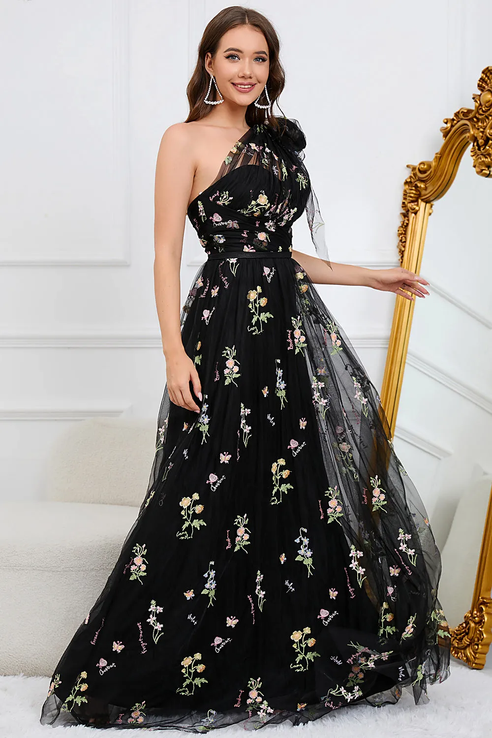 A-Line One Shoulder Black Floor Length Prom Dress With Embroidery