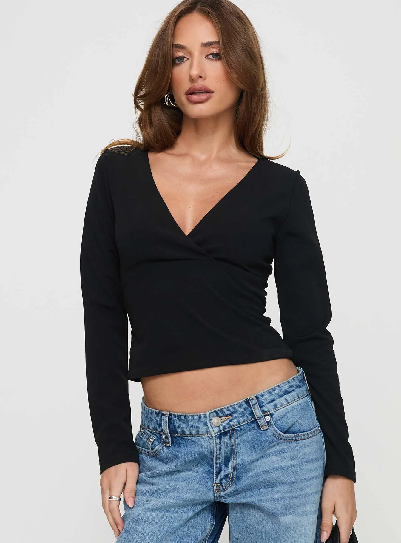 Aeva Long Sleeve Plunge Top Black