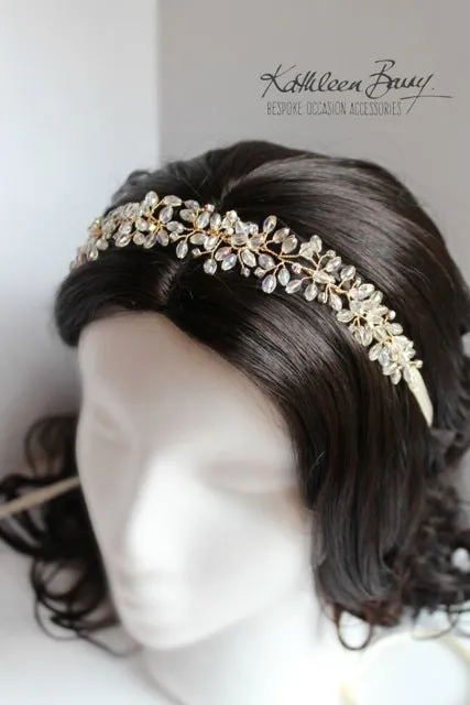 Alecia crystal rhinesone headband with satin ribbon detail Available in gold, silver & rose gold