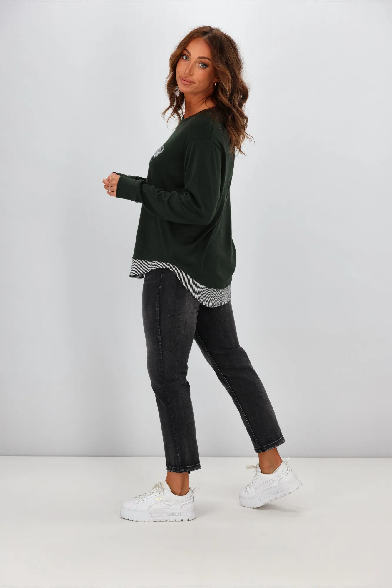 Alpine by Shine On Jayla Merino Crew Top with Contrast Hem Olive