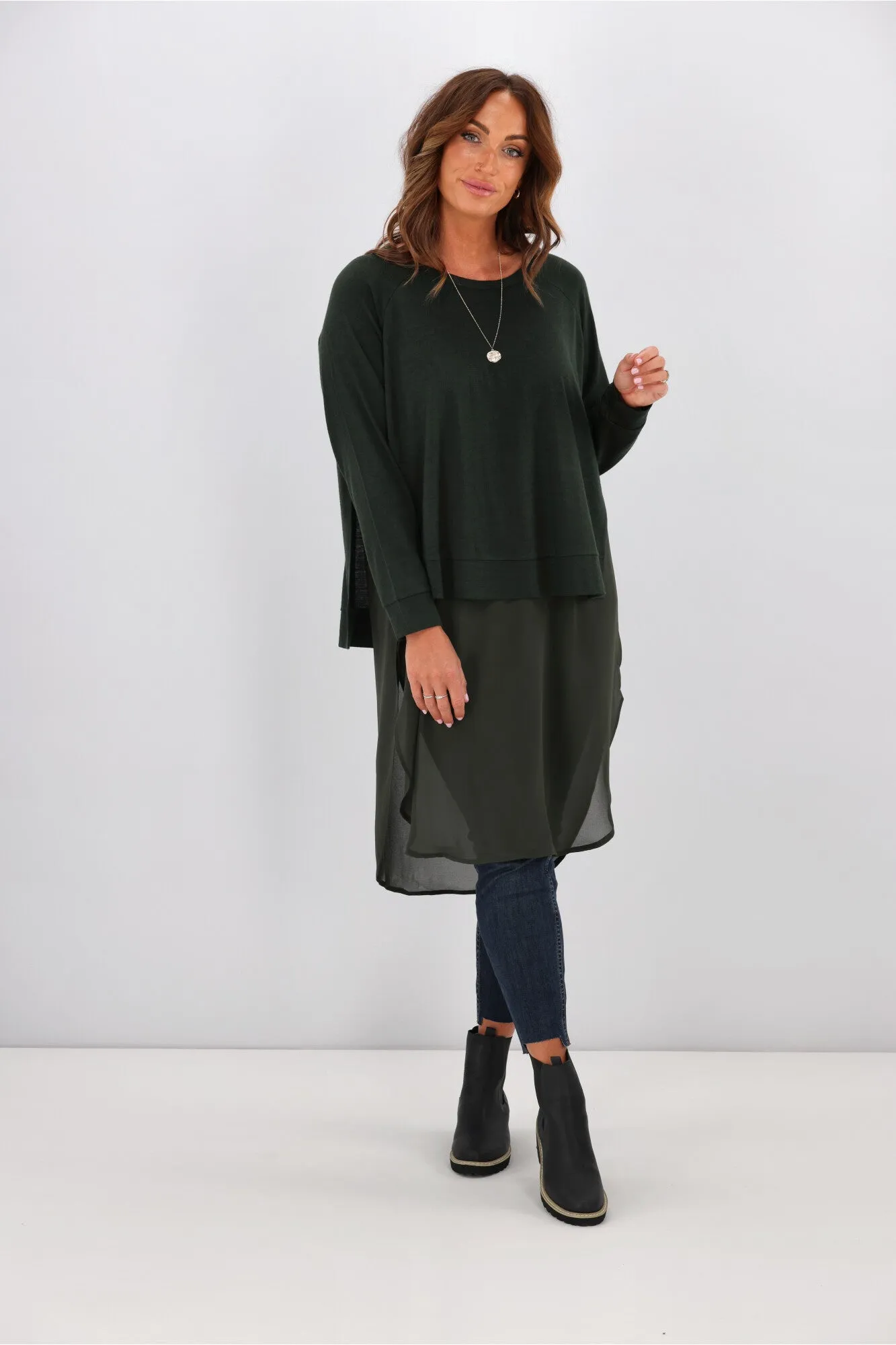 Alpine by Shine On Phoebe Merino & Chiffon Tunic Olive