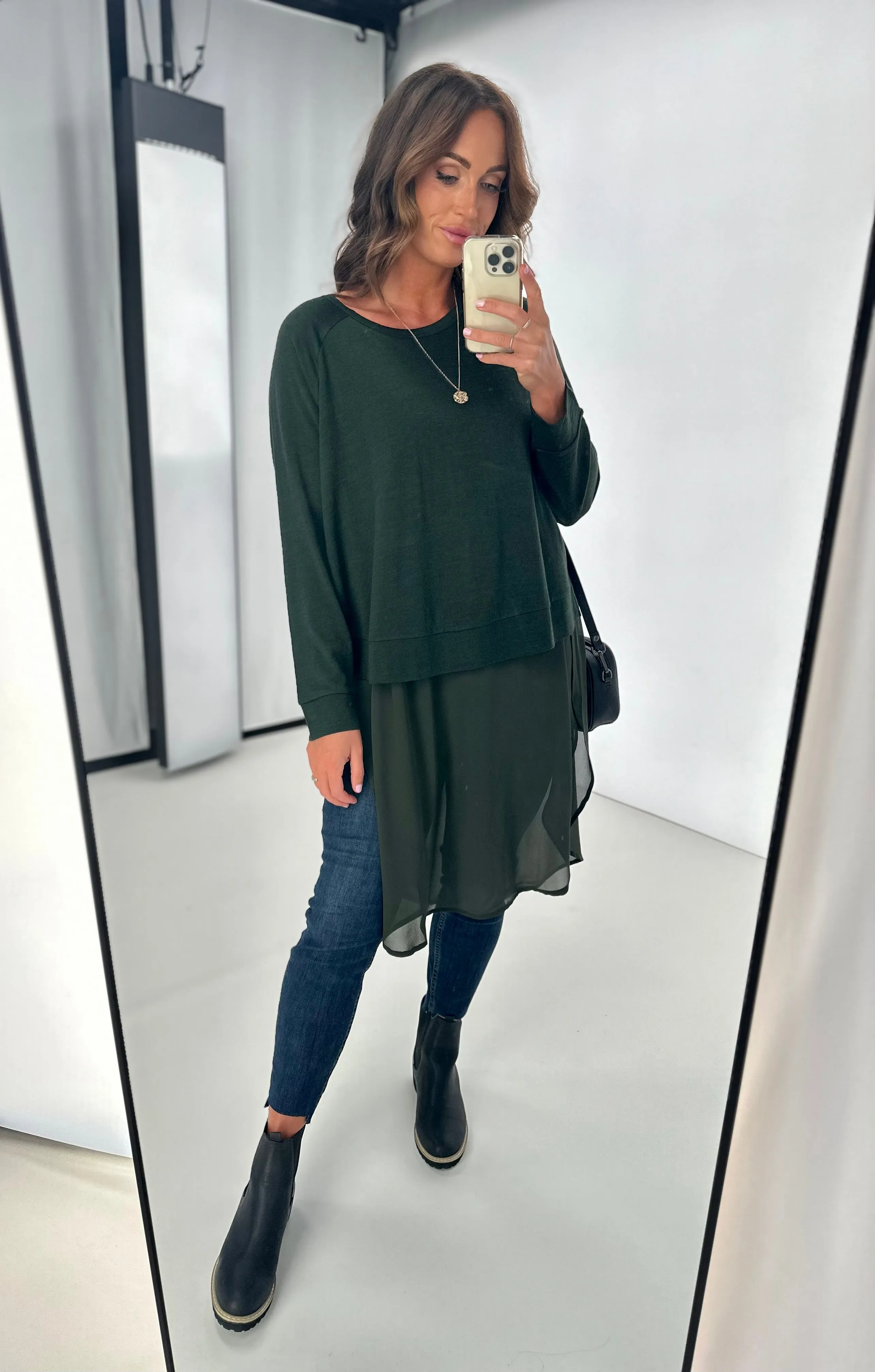 Alpine by Shine On Phoebe Merino & Chiffon Tunic Olive