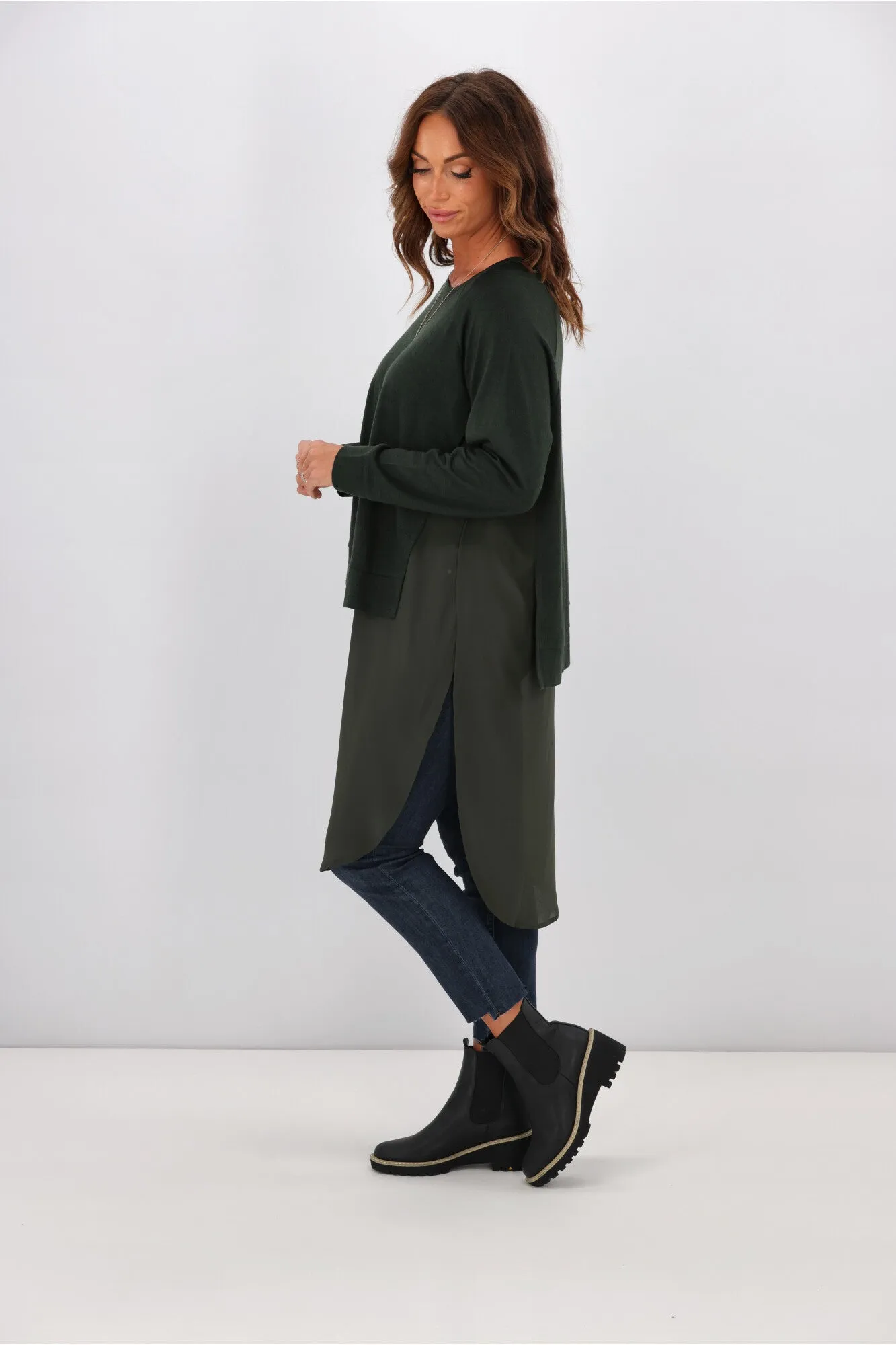 Alpine by Shine On Phoebe Merino & Chiffon Tunic Olive