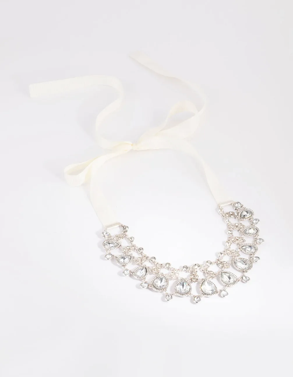 Antique Silver Diamante Ribbon Necklace