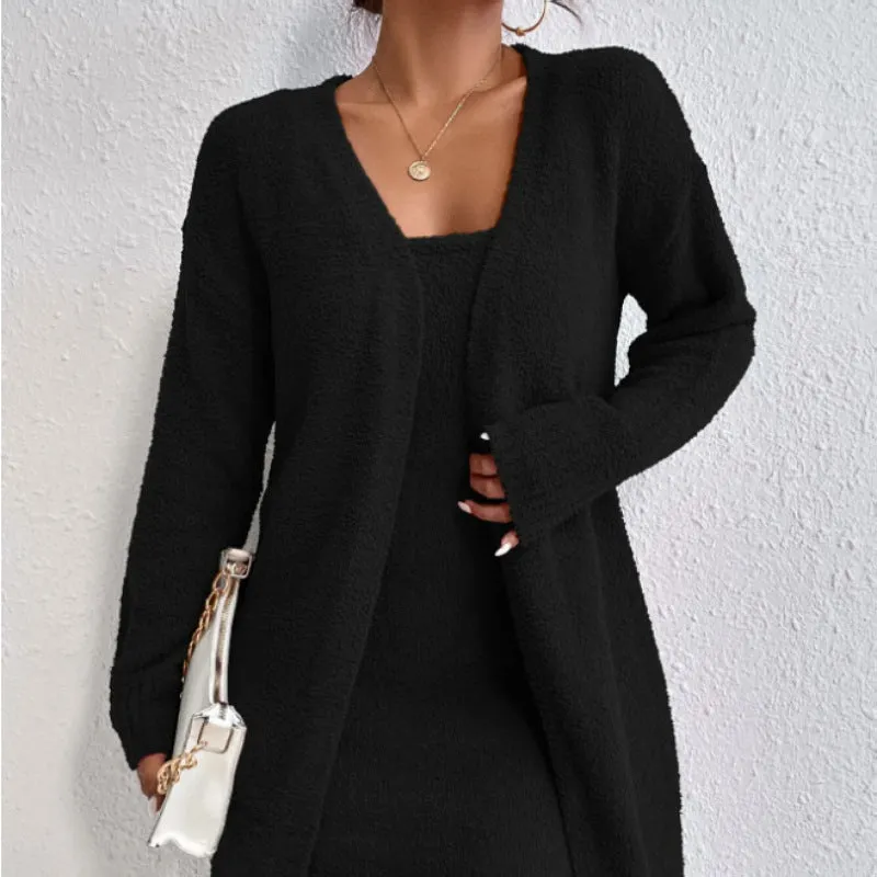 Autumn Winter New Trendy Casual Fluffy Cardigan Camisole Dress Homewear Two-Piece Set Women Suit