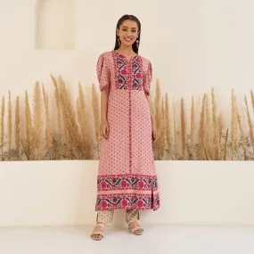 Baby Pink Bandhani Inspired Kurta Pant Co-ord Set for Women with Puff Sleeves