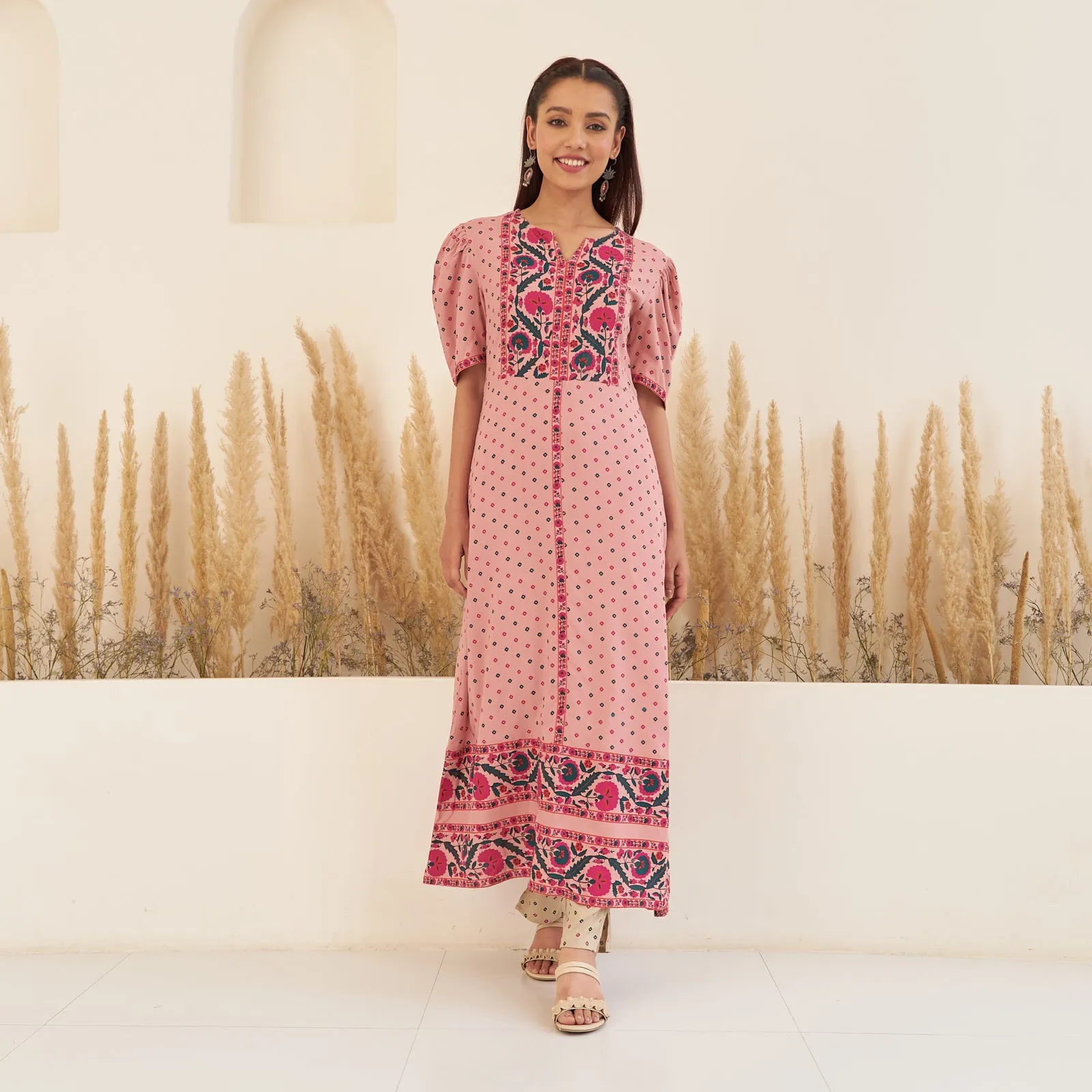 Baby Pink Bandhani Inspired Kurta Pant Co-ord Set for Women with Puff Sleeves