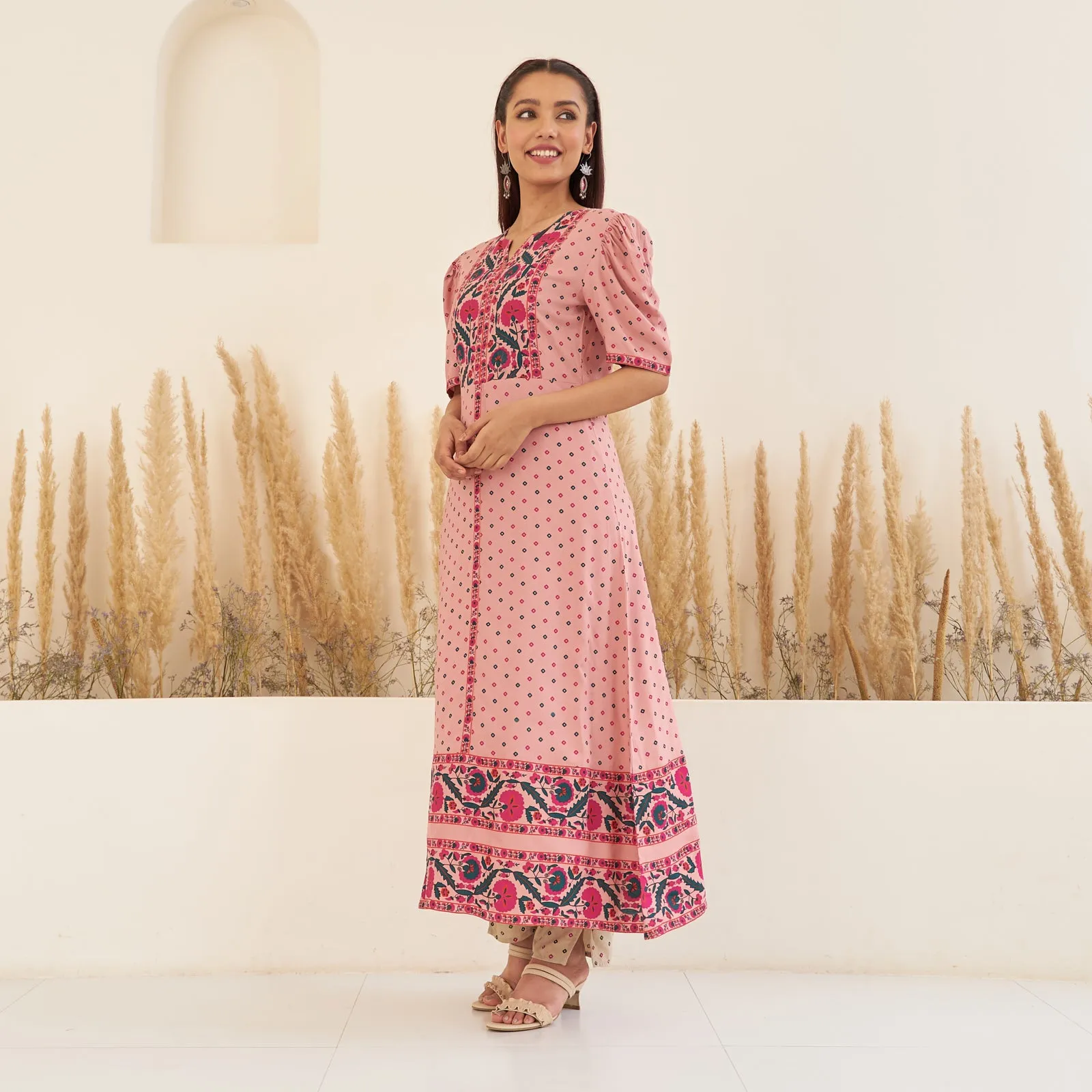 Baby Pink Bandhani Inspired Kurta Pant Co-ord Set for Women with Puff Sleeves