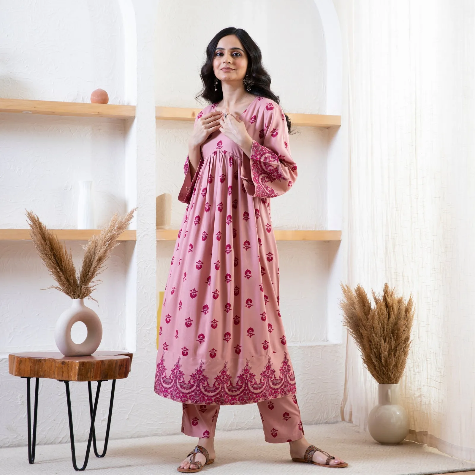 Baby Pink Myra V Neck Kurta Pant Co-ord Set