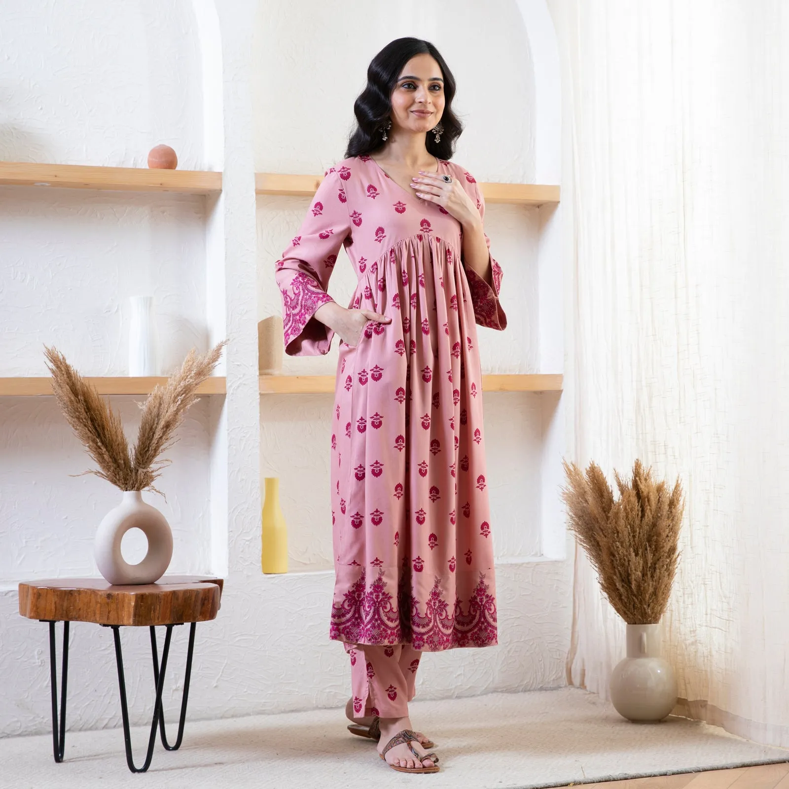 Baby Pink Myra V Neck Kurta Pant Co-ord Set