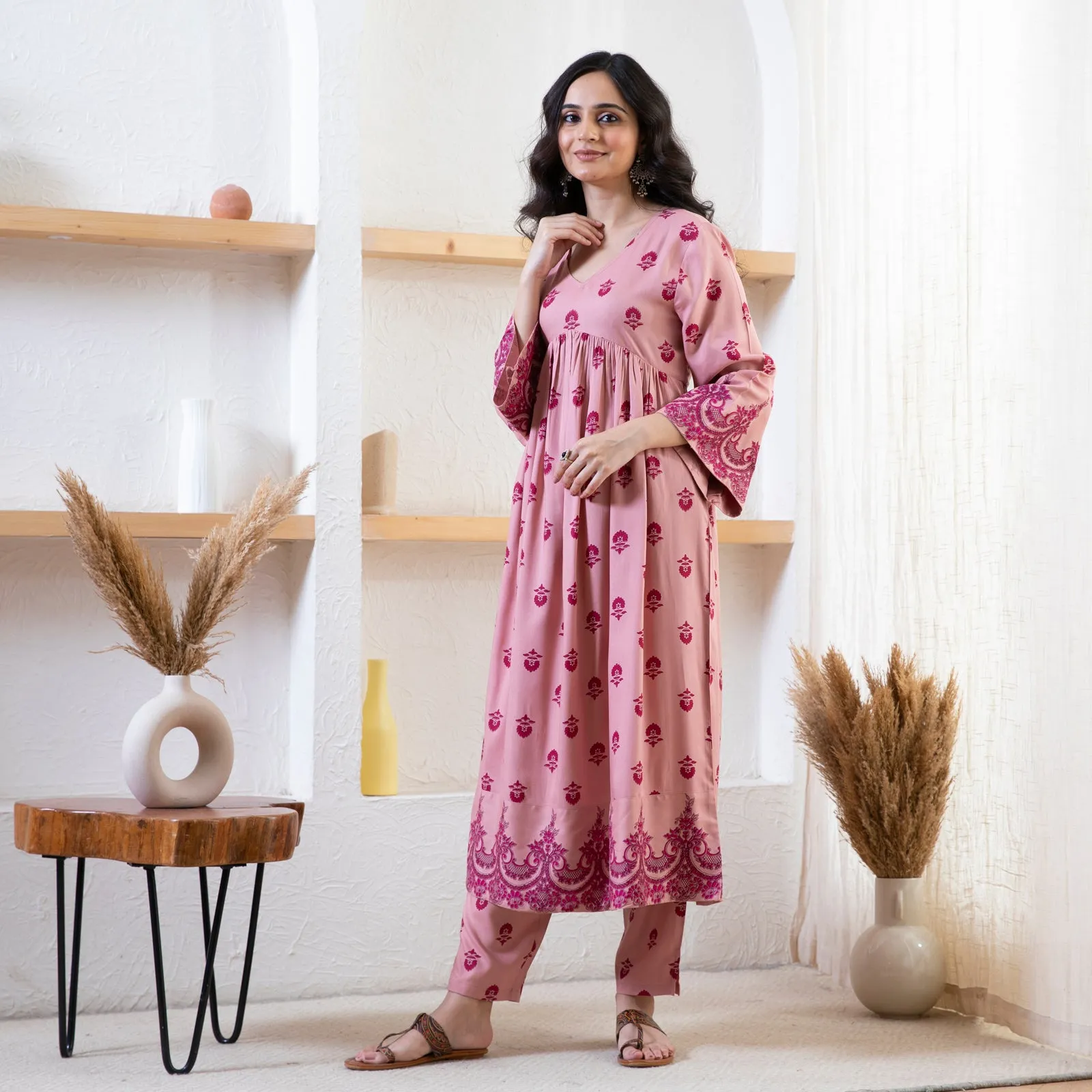 Baby Pink Myra V Neck Kurta Pant Co-ord Set