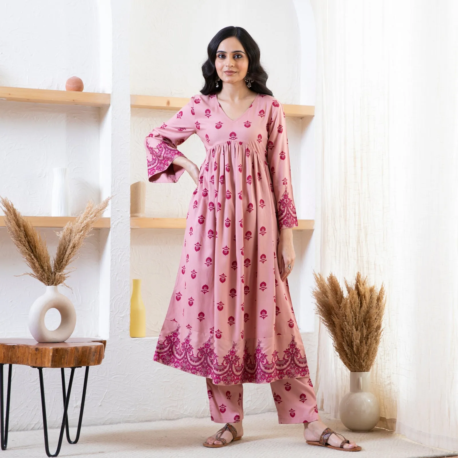 Baby Pink Myra V Neck Kurta Pant Co-ord Set