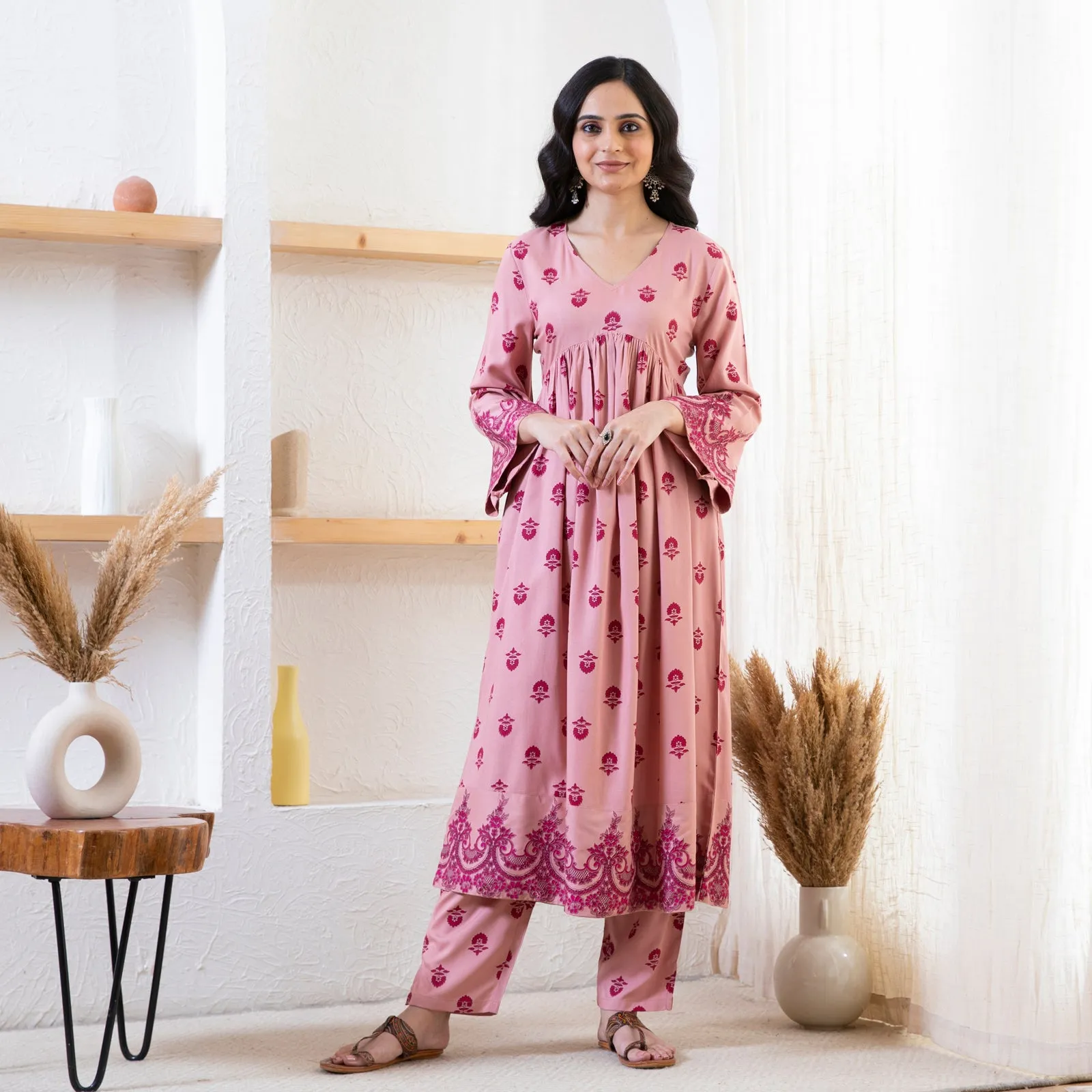 Baby Pink Myra V Neck Kurta Pant Co-ord Set