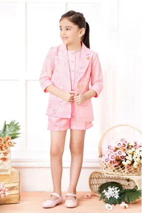 Baby Pink Overcoat Styled with Shorts Co-ord Set for Girls