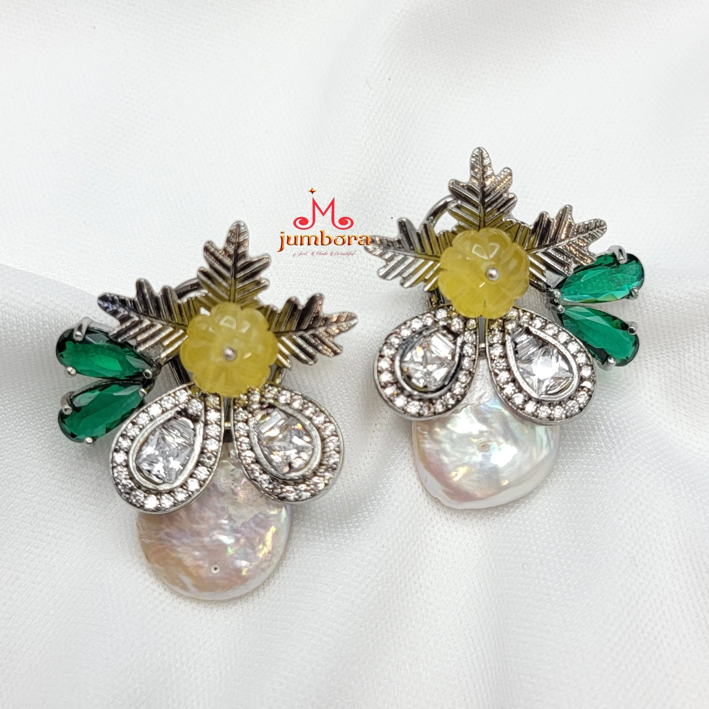 Baroque Pearl Yellow & Green Victorian AD Zircon Stone Earring