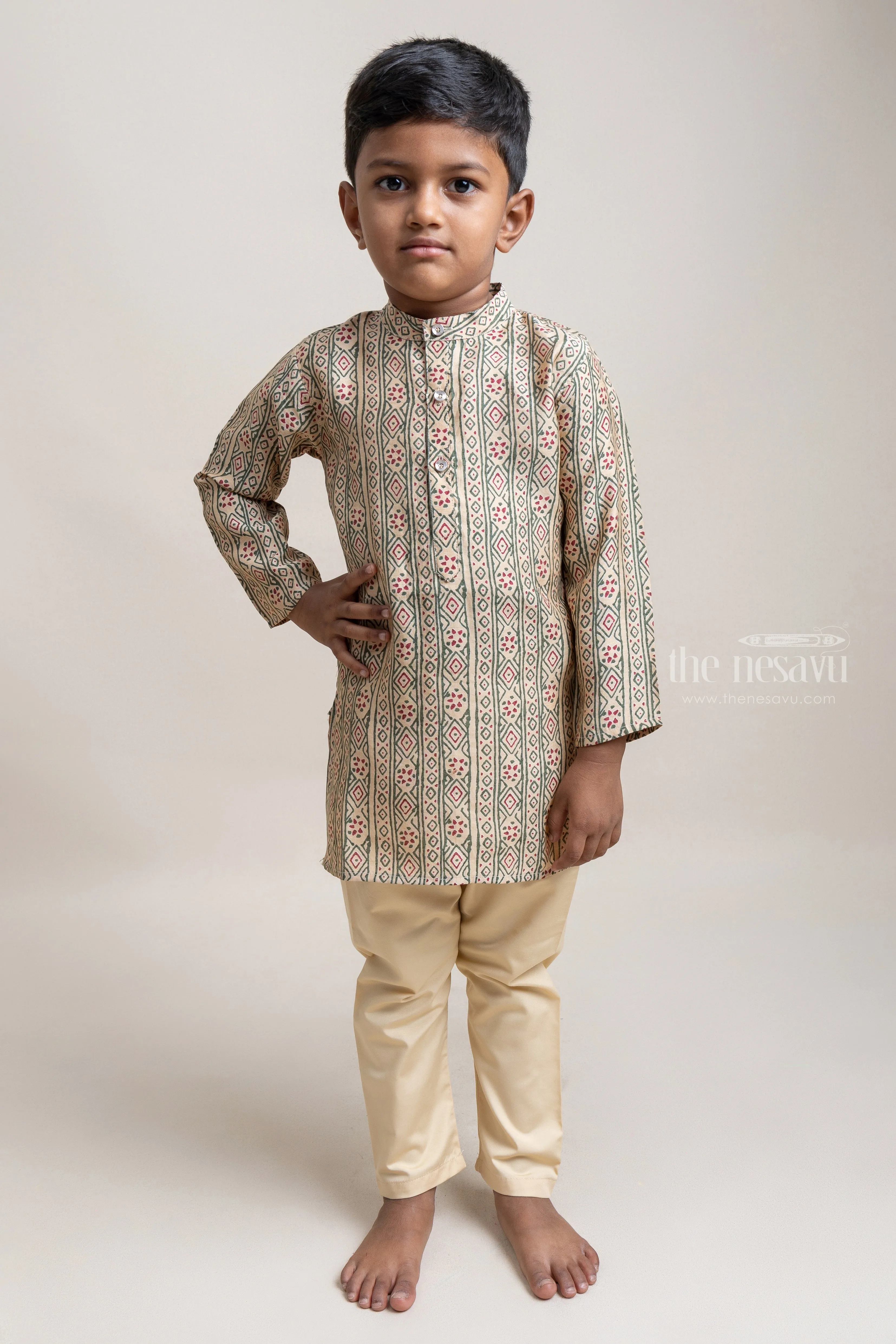 Beautiful Beige Tribal Printed Kurta And Solid Beige Pant For Boys