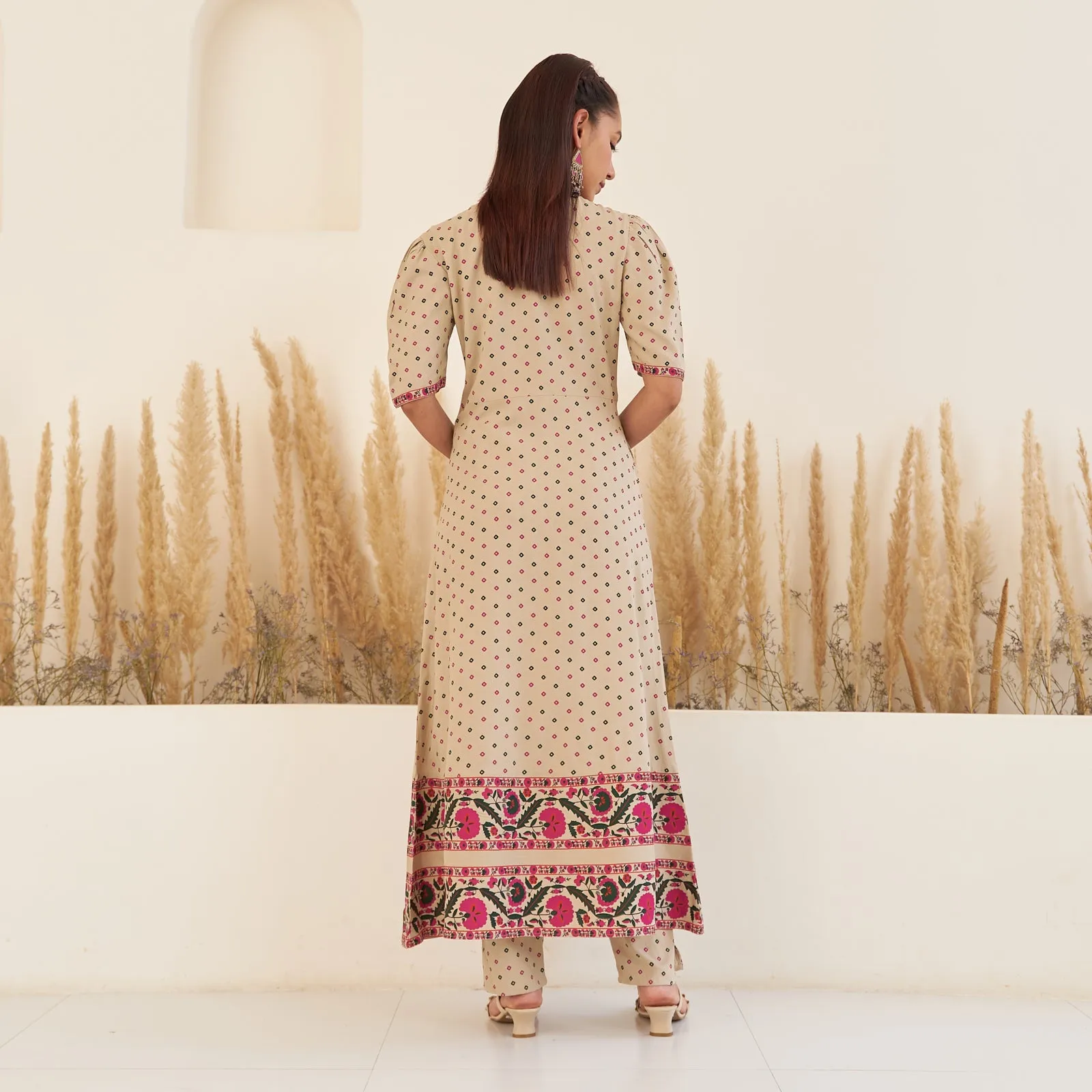 Beige Bandhani Inspired Kurta Pant Co-ord Set with Puff Sleeves