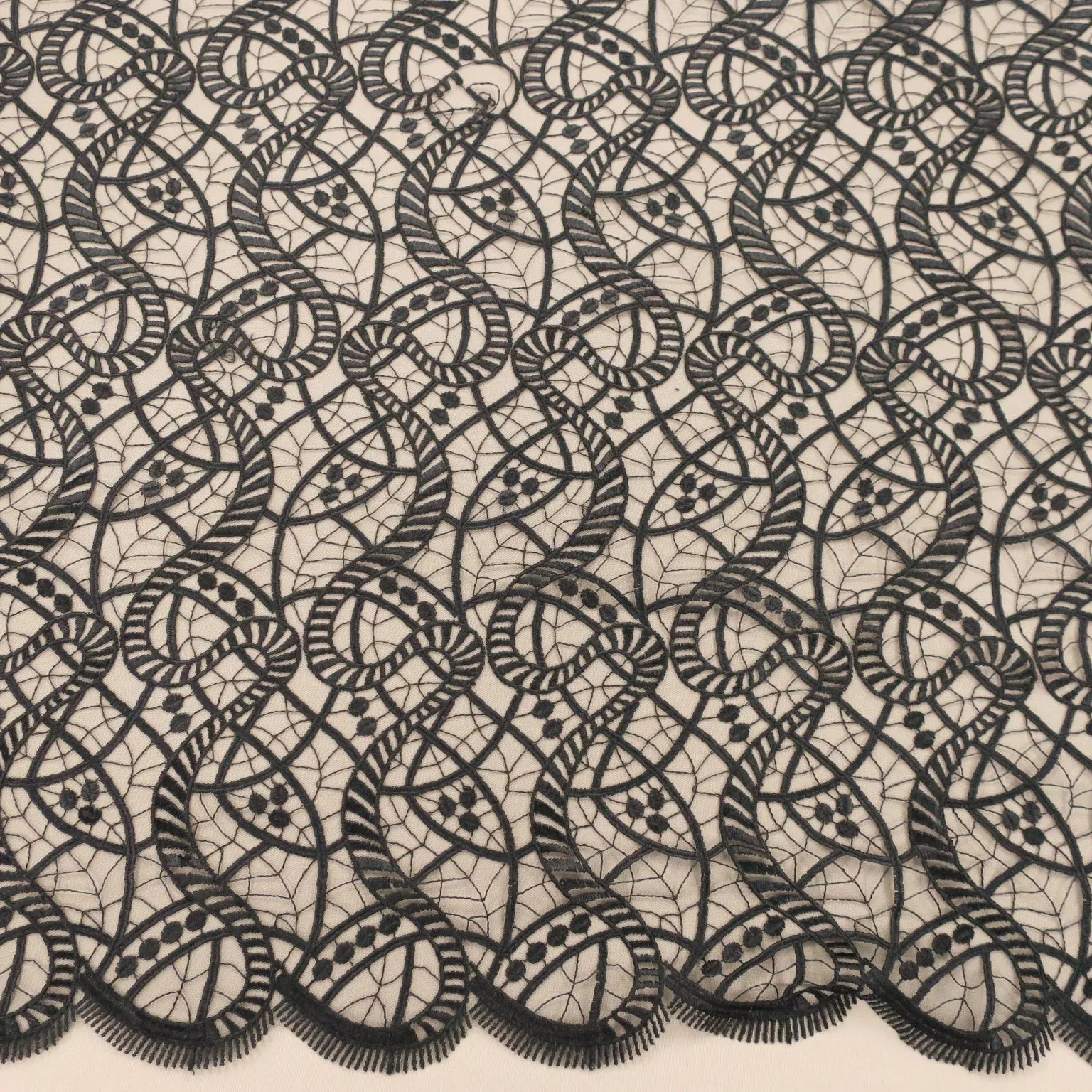 Black Arabesque Pattern Embroidered Tulle Fabric