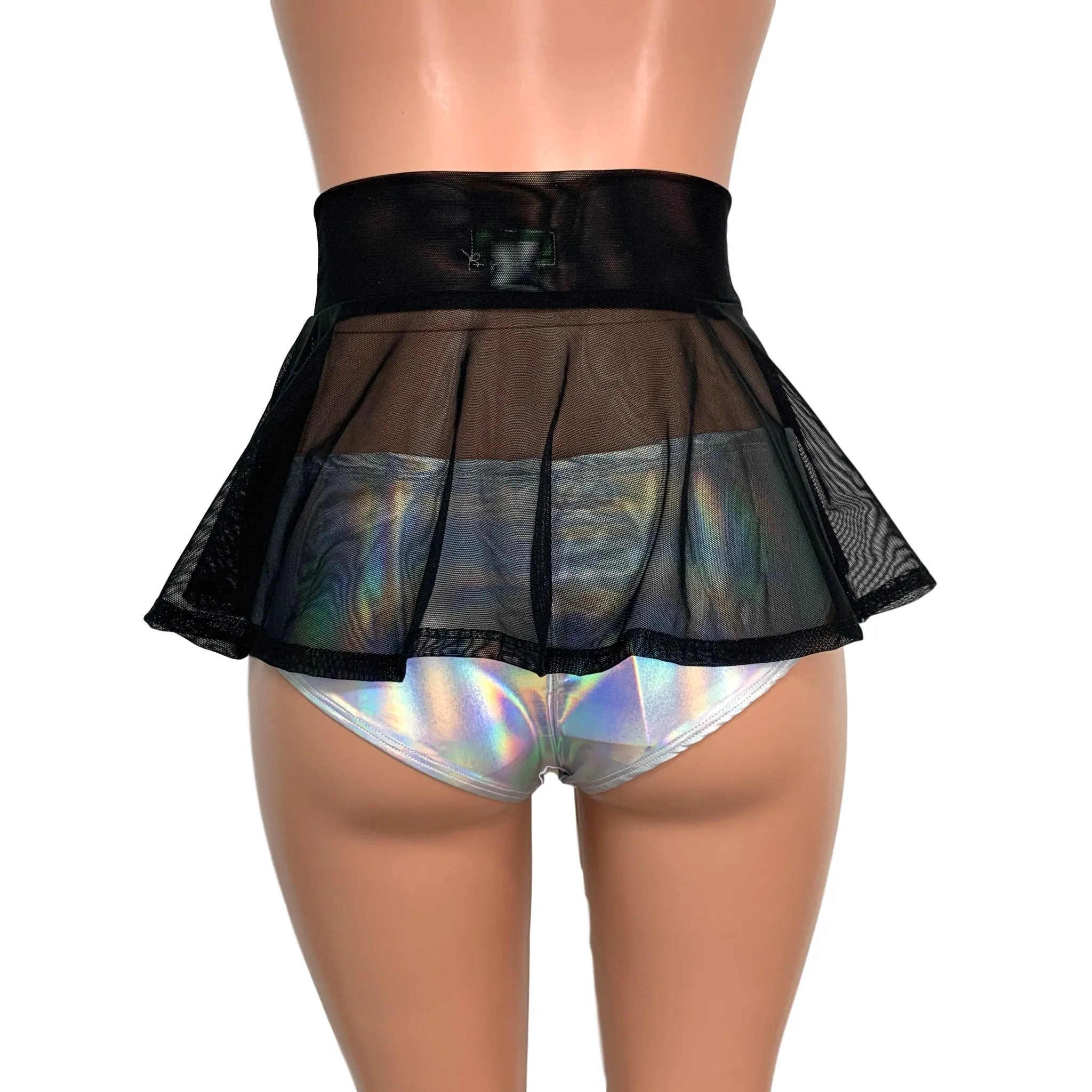 Black Mesh Super Mini 10" High Waisted Skater Skirt