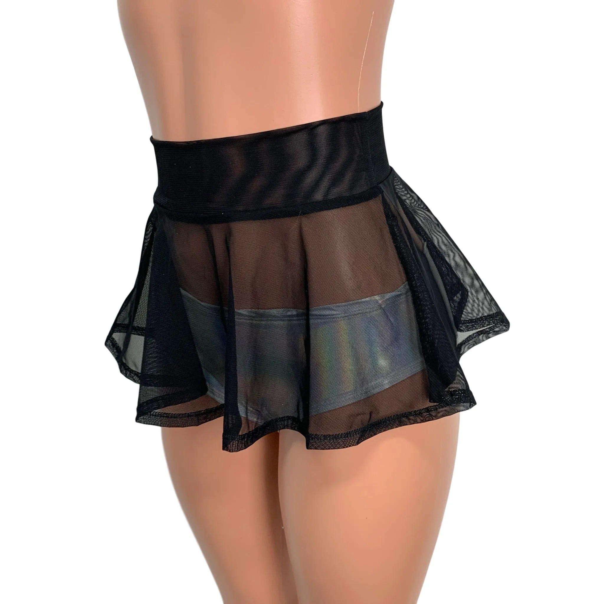 Black Mesh Super Mini 10" High Waisted Skater Skirt