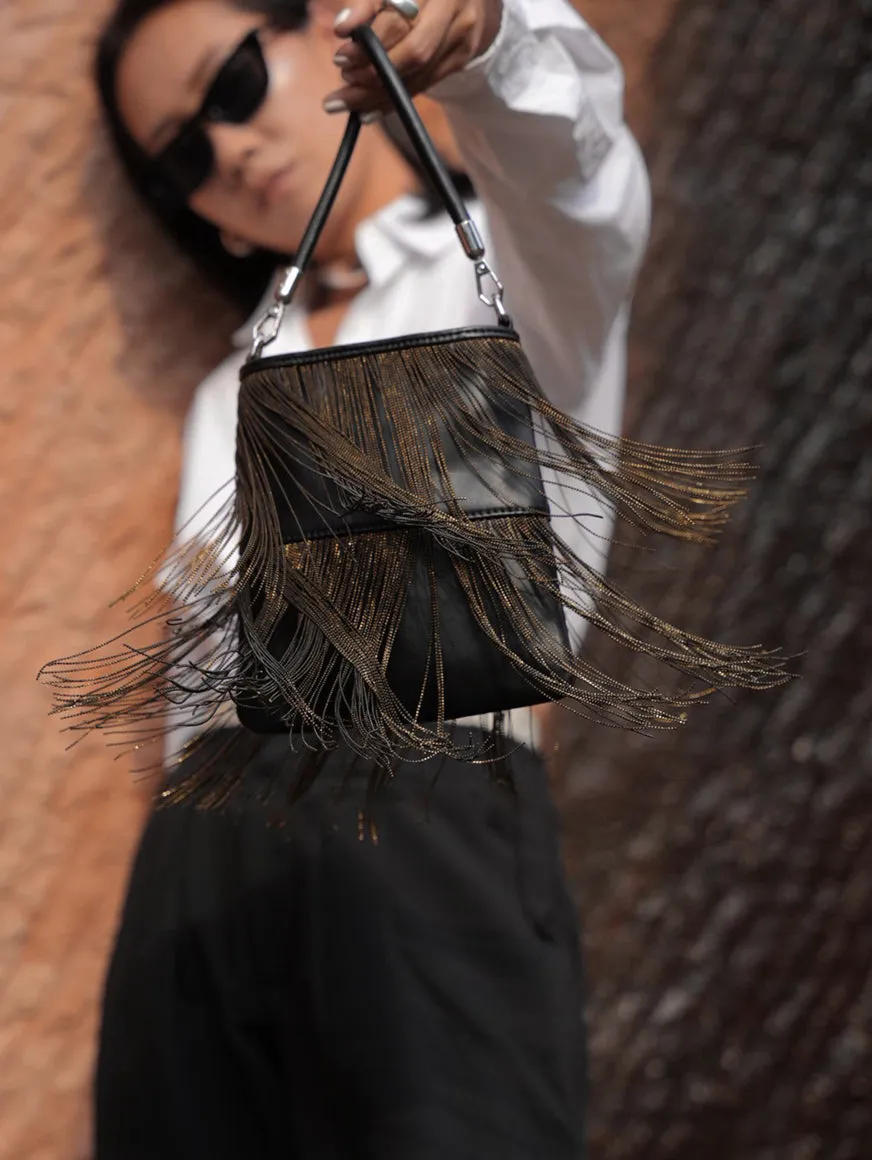 Black Silver Beaded Fringe Leather Shoulder Bag | Glamorous Statement Evening Bag with Metallic Tassels | Luxury Party Handbag