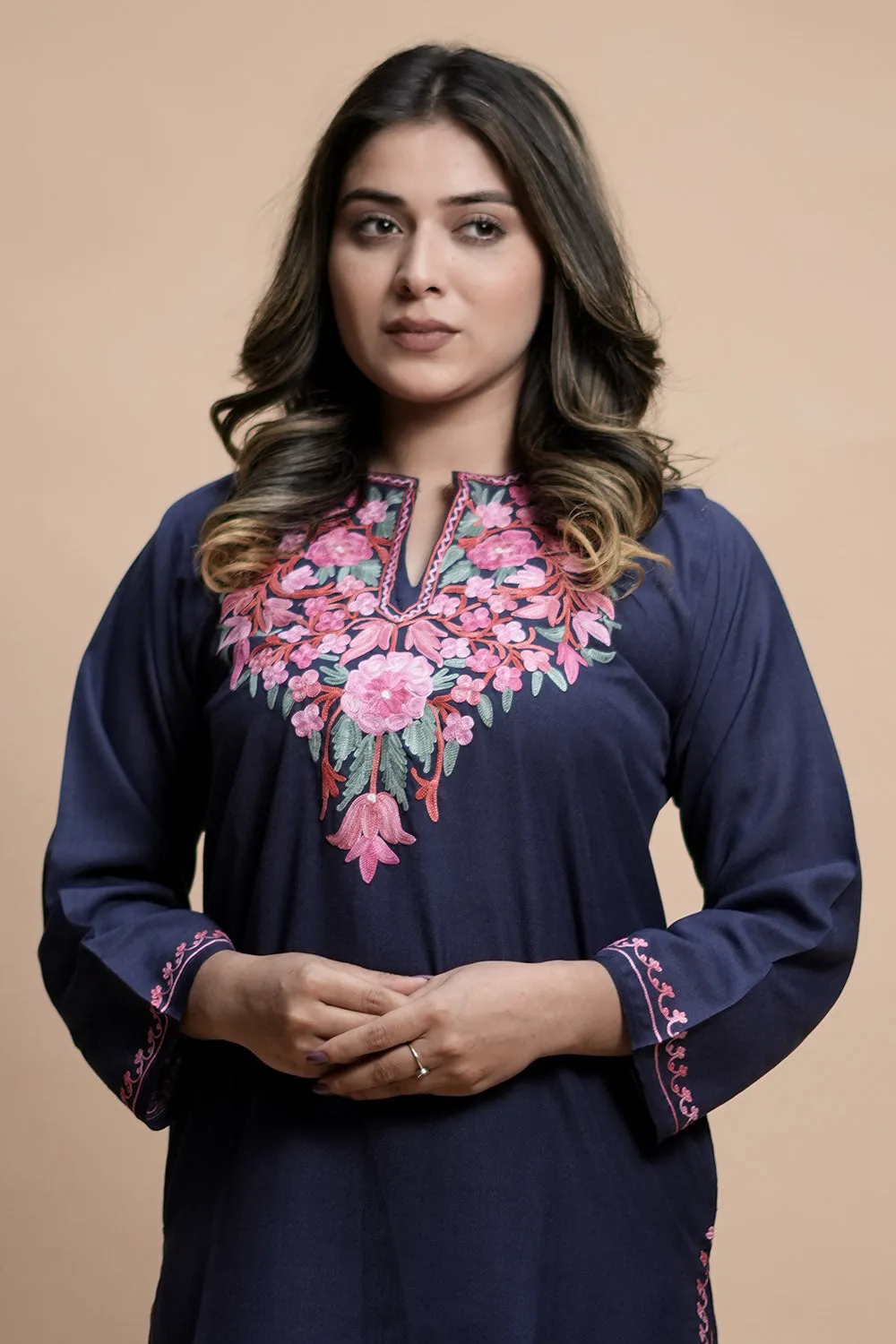 Blue Cotton Aari Work Kurti With Multicoloured Designer Flower Embroidery