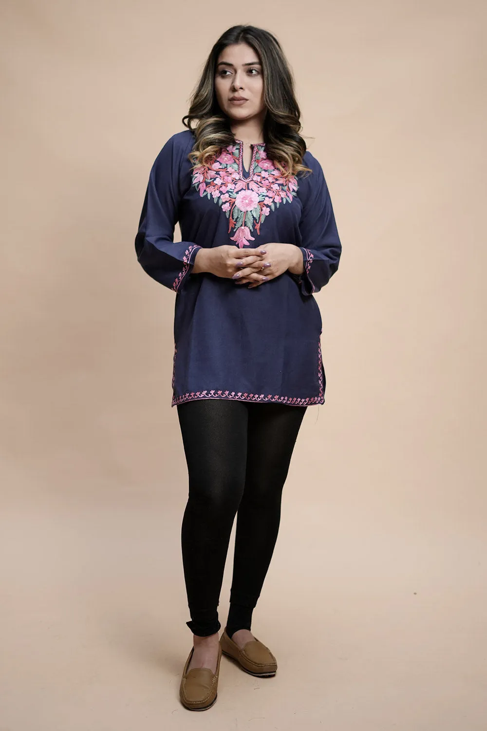 Blue Cotton Aari Work Kurti With Multicoloured Designer Flower Embroidery